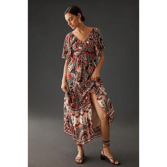nwt by ANTHROPOLOGIE sz XXS Tiered Maxi Dress in red brown - Picture 1 of 6